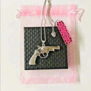 Betsey Johnson Gun Pistol Silver 28” Necklace